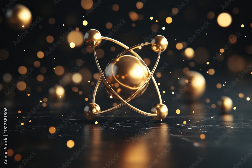 Poster golden atom model surrounded by floating particles in a dark space setting
