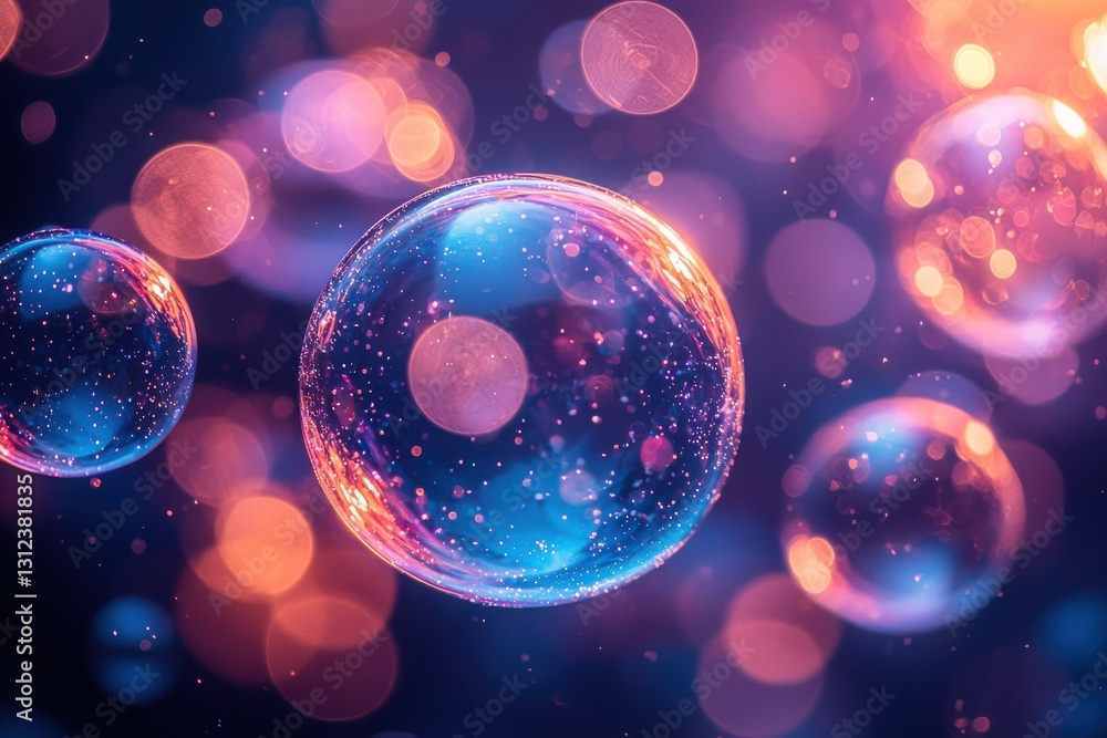 Poster Colorful soap bubbles floating in a dreamy background of soft lights and vibrant colors