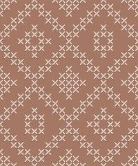 Vintage cross-stitch diamonds mocha mousse brown Vector Pattern. Ethnic sewn Aztec geometrics in neutral monochrome brown seamless background.