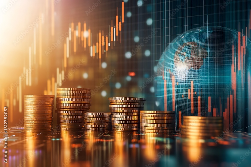 Fototapete stacks of coins with a globe and financial data charts showing economic growth trends : generative a