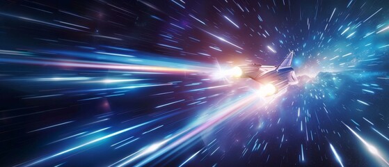 Dynamic image of a spacecraft speeding through star-studded space, its engines glowing brightly as it navigates through the celestial expanse.