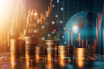 Stacks of coins with a globe and financial data charts showing economic growth trends : Generative AI