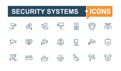 Security Systems icon collection. It contains symbols to laptop, surveillance, protection, computer, access, smart, protect and more. Simple icon designs. Minimalist icon collections.