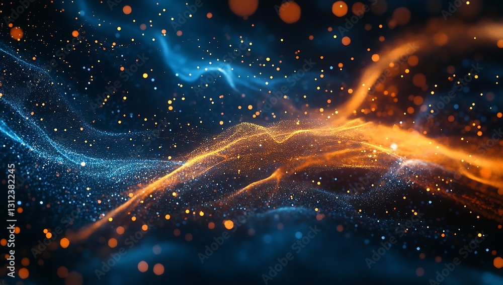 Poster Vibrant orange and blue particles create a mesmerizing flow of light and energy on dark background : Generative AI