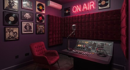 Vintage Microphone and Sound Mixer in a Cozy Studio with Records