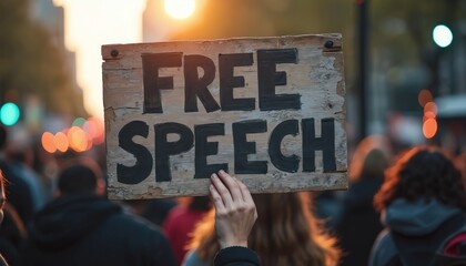 Hand holds Free Speech sign in evening crowd, symbolizing right to speak freely. Activists show democratic values, justice. Sunlight flares background city street urban area, rights demonstration.