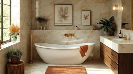 A Beautiful Bathroom Features a Freestanding Tub and Decor