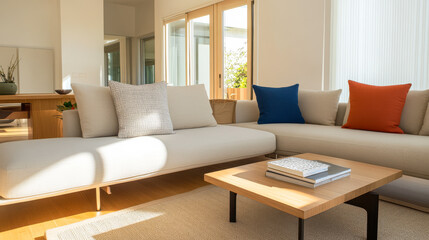 Fototapeta premium Modern living room with neutral tones and colorful cushions in bright daylight