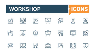 Workshop icon. Related to management, seminar, room, man, discuss, speaker, office, collaboration. Icons for design. Vector icon and illustration.