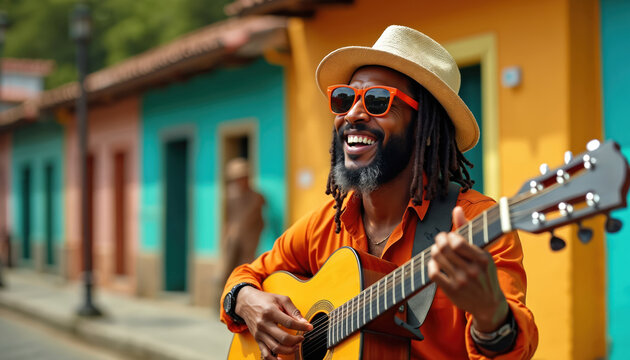 Joyful black reggae musician plays guitar on street. Man with dreadlocks, hat, orange sunglasses smiles. Vibrant musical performance, entertainment, fun concept. Colorful buildings background. - Powered by Adobe