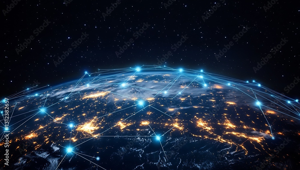 Poster Incredible image of the Earth with glowing connection points and sprawling lights from above at night : Generative AI