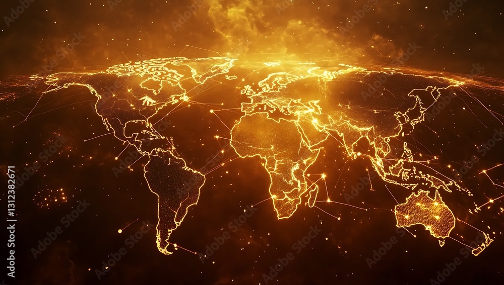 Aufkleber Dramatic view of the globe with bright golden lights representing global connections and networks : Generative AI