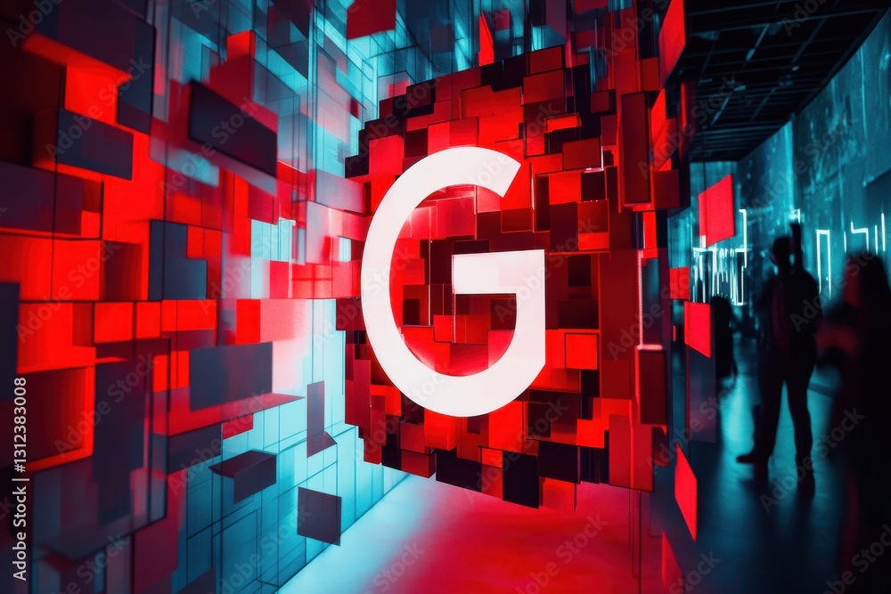 Poster Light installation featuring a large illuminated letter surrounded by geometric patterns in a contemporary exhibition space