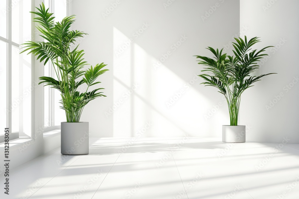 Poster bright indoor space with two green plants positioned near large windows creating a serene atmosphere