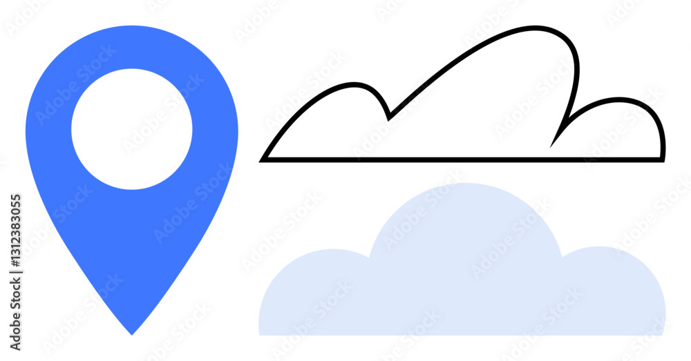 Aufkleber blue geolocation pin next to outlined and filled clouds symbolizing navigation, location-based servi