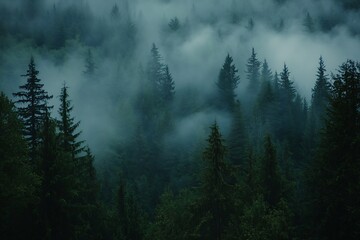 Misty Forest Scene with Tall Pine Trees Standing Majestically Against a Foggy Backdrop : Generative AI