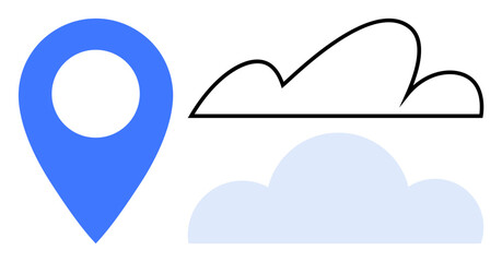 Blue geolocation pin next to outlined and filled clouds symbolizing navigation, location-based services, data storage, weather, and connectivity. Ideal for technology, travel, mapping, server