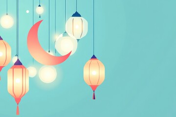 flat design illustration of festive eid al-fitr scene featuring traditional lanterns and crescent moon with vibrant