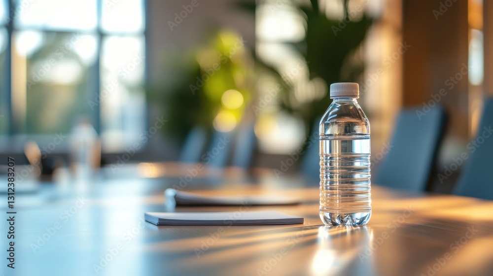 Poster meeting room with a water bottle and notepad during afternoon sunlight in a modern office setting