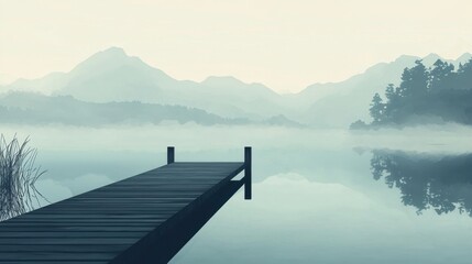 Naklejka premium A wooden dock stretches over a serene lake, shrouded in mist. Mountains loom in the background, creating a peaceful atmosphere at dawn, inviting reflection and stillness
