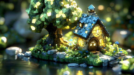Fototapeta premium Lowpoly Cottage on a River Island