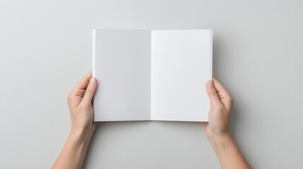 Hands Holding Open Book With Blank Pages On Gray Background