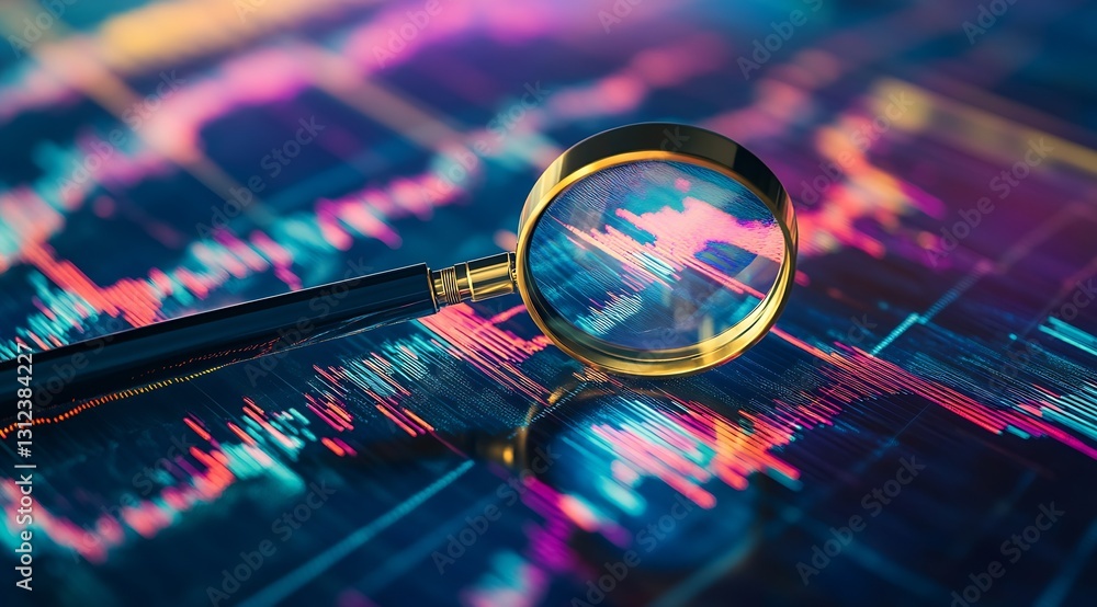 Poster magnifying glass over vibrant stock market graph depicting financial trends and data analysis : gene