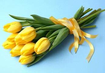 Obraz premium A charming bunch of bright yellow tulips tied elegantly with a yellow ribbon, showcasing their vibrant color and beauty against a soft blue background, ideal for uplifting moods.