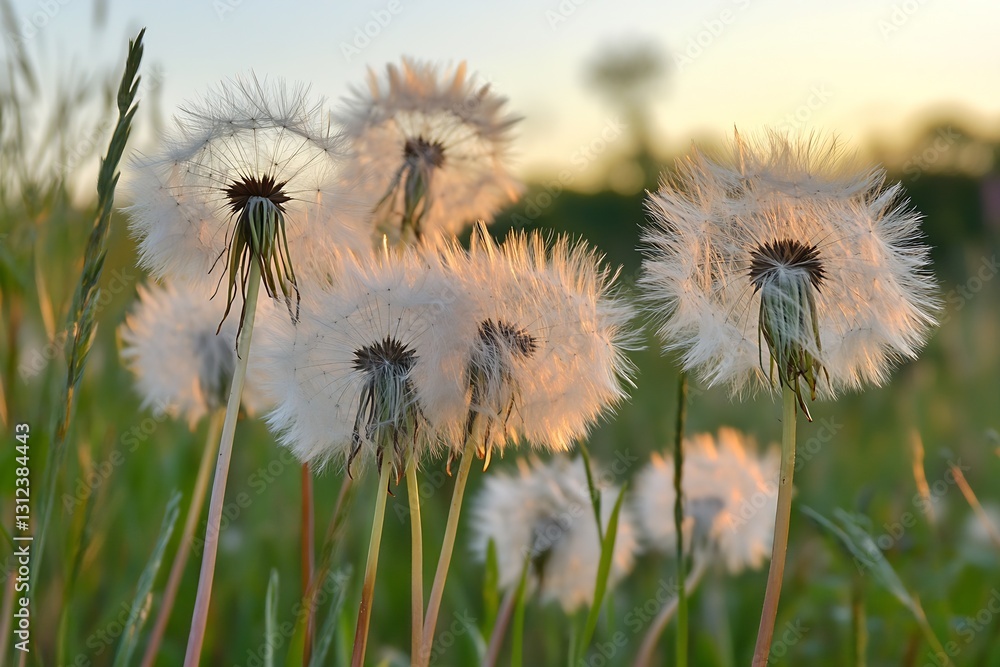 Aufkleber Dandelion seed heads in a field glowing softly during sunset creating a tranquil ambiance : Generative AI
