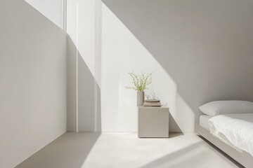 Minimalist bedroom interior with natural light and floral decor in modern design