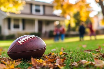 Charming autumn day with a football in focus on grass and children playing joyfully in blurred background : Generative AI