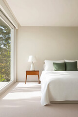 Fototapeta premium Bright and airy bedroom with modern decor and large windows overlooking nature