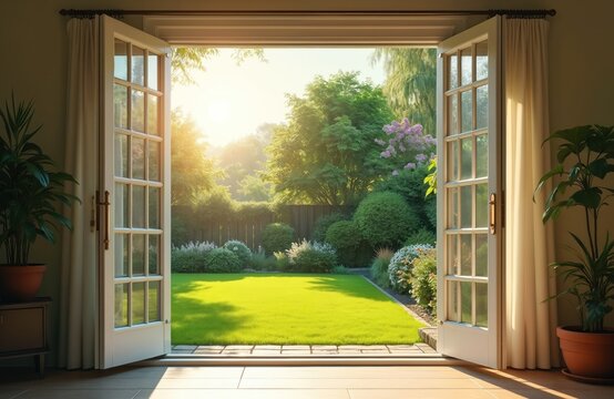 Fototapeta Open patio door overlooks garden with green lawn. Sunlight filters trees, creating peaceful scene. Home interior transitions outdoor nature, connects living space garden. Serene backyard view from