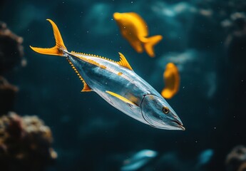 Vibrant Underwater Scene Featuring a Majestic Fish Swimming Among Colorful Tropical Fish in Crystal Clear Ocean Waters