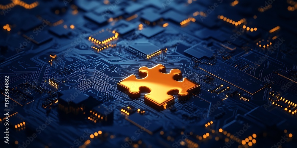 Aufkleber Modern puzzle piece illuminated on a digital circuit board with glowing lights depicting technology and innovation : Generative AI