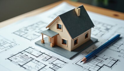 3D house model on white paper floorplan. Concept of home architecture, design. Building blueprint project. Real estate business. Residential house exterior development. Construction planning.