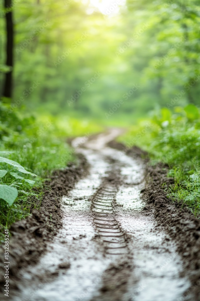 Poster rain boot tracks on muddy path winding through green garden illuminated by soft overcast light