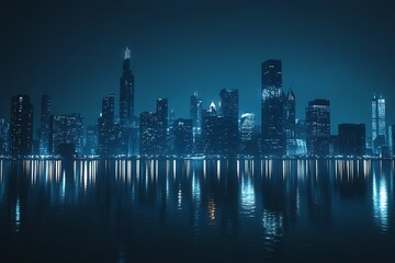 Fototapeta premium Elegant Night View of a Metropolis Skyline with Reflective Waters Under Starry Sky : Generative AI