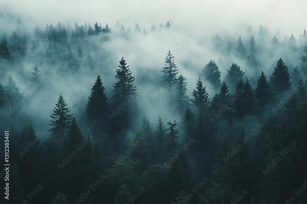 Poster Enchanting Foggy Forest Scene with Lush Green Trees and Mystical Atmosphere : Generative AI