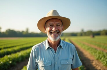 Portrait of middle-aged farmer in hat on farmland. Happy caucasian man stands in cultivated green field. Agriculture, farming, rural, pro themes. Experienced landowner, agronomy specialist,