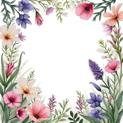 Obraz premium Wild flowers watercolor frame illustration. Botanical hand drawn pink, blue, white flowers. Floral decor isolated on white background. Vintage blossom garden leaf. Spring, summer meadow arrangement