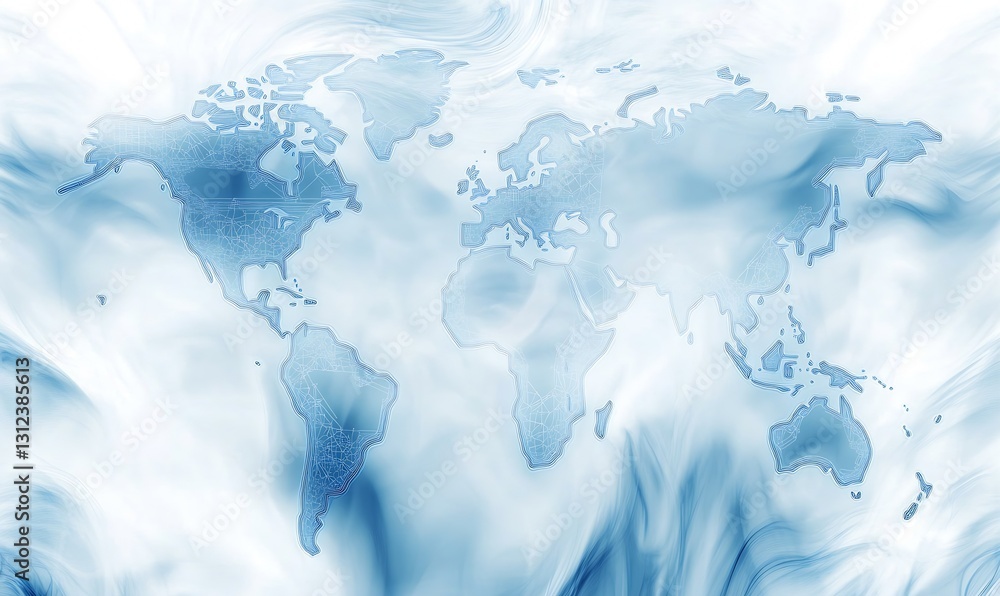 Poster Abstract world map with ethereal blue swirls conveying a sense of calm and global unity : Generative AI