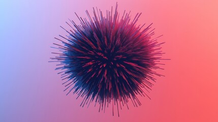 A vibrant, abstract depiction of a spiky sphere dominates the center with elongated projections emanating outward. The background features a smooth gradient, blending pink and blue hues