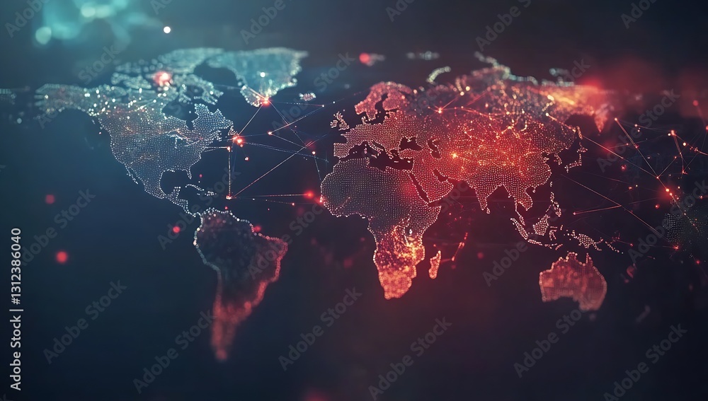 Poster Dramatic Red World Map with Digital Connections Showcasing Global Data Flow : Generative AI