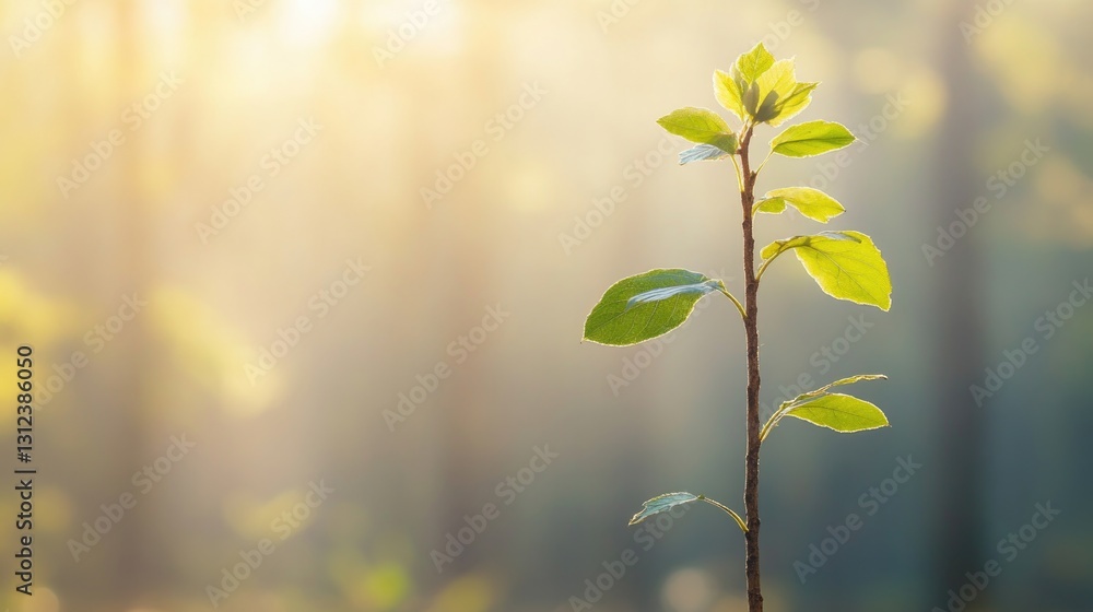 Poster tree sapling standing tall in natural environment bathed in soft sunlight with blurred forest backdr
