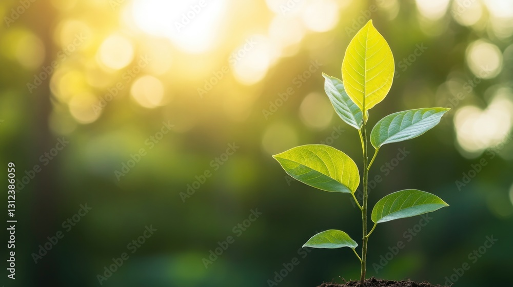 Poster tree sapling standing tall in natural environment bathed in soft sunlight with blurred forest backdr