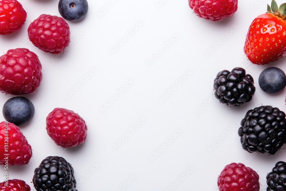 Poster vibrant arrangement of assorted fresh berries forming circular pattern on pristine white backdrop wi