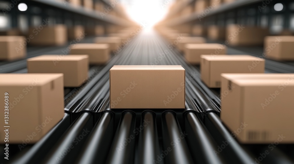 Poster endless cardboard boxes on a conveyor belt: a visual representation of efficient logistics and suppl