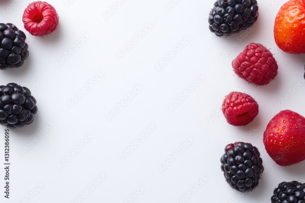 Poster vibrant arrangement of assorted fresh berries forming circular pattern on pristine white backdrop wi