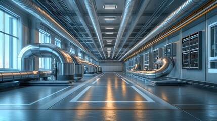 Industrial interior showing large metallic pipes and a clean floor